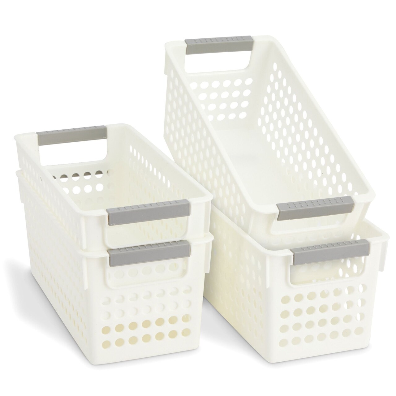 4 Pack White Plastic Baskets with Gray Handles, Narrow Storage Bins for Organizing, Kitchen Shelves, Small Nesting Containers (11.5 x 5.25 x 5 Inches)